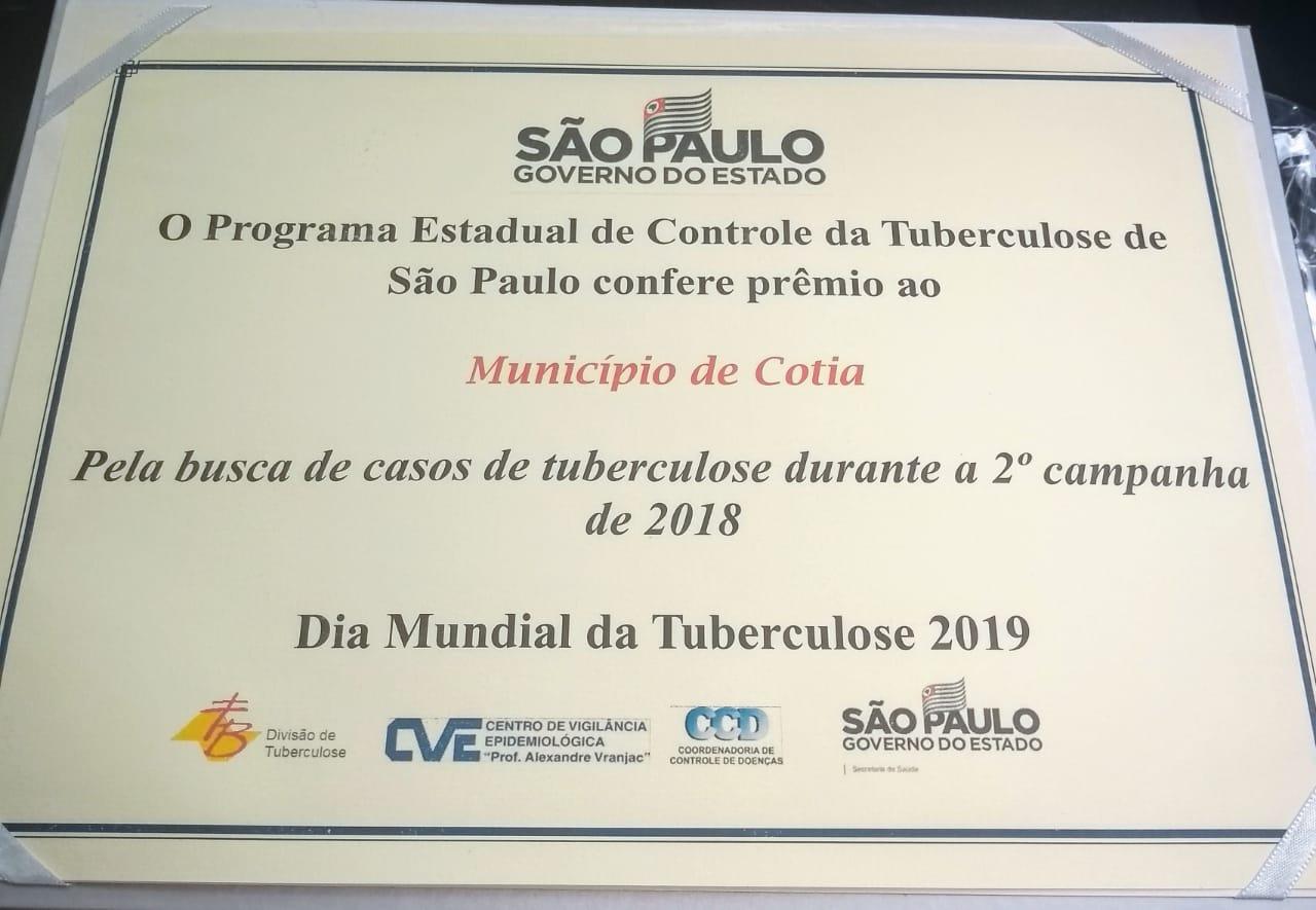 COTIA RECEBE PREMIO POR AÇOES DE COMBATE A TUBERCULOSE