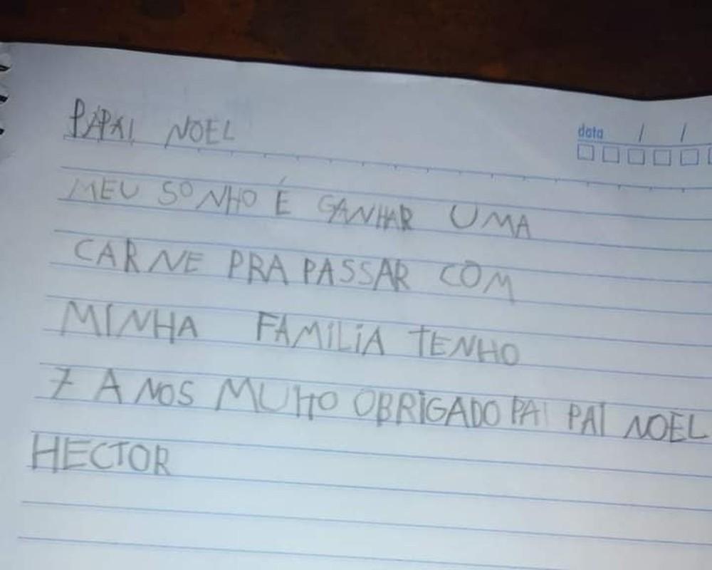 'Meu sonho é ganhar uma carne para passar com a minha família', escreve menino do RS em carta ao Papai Noel
