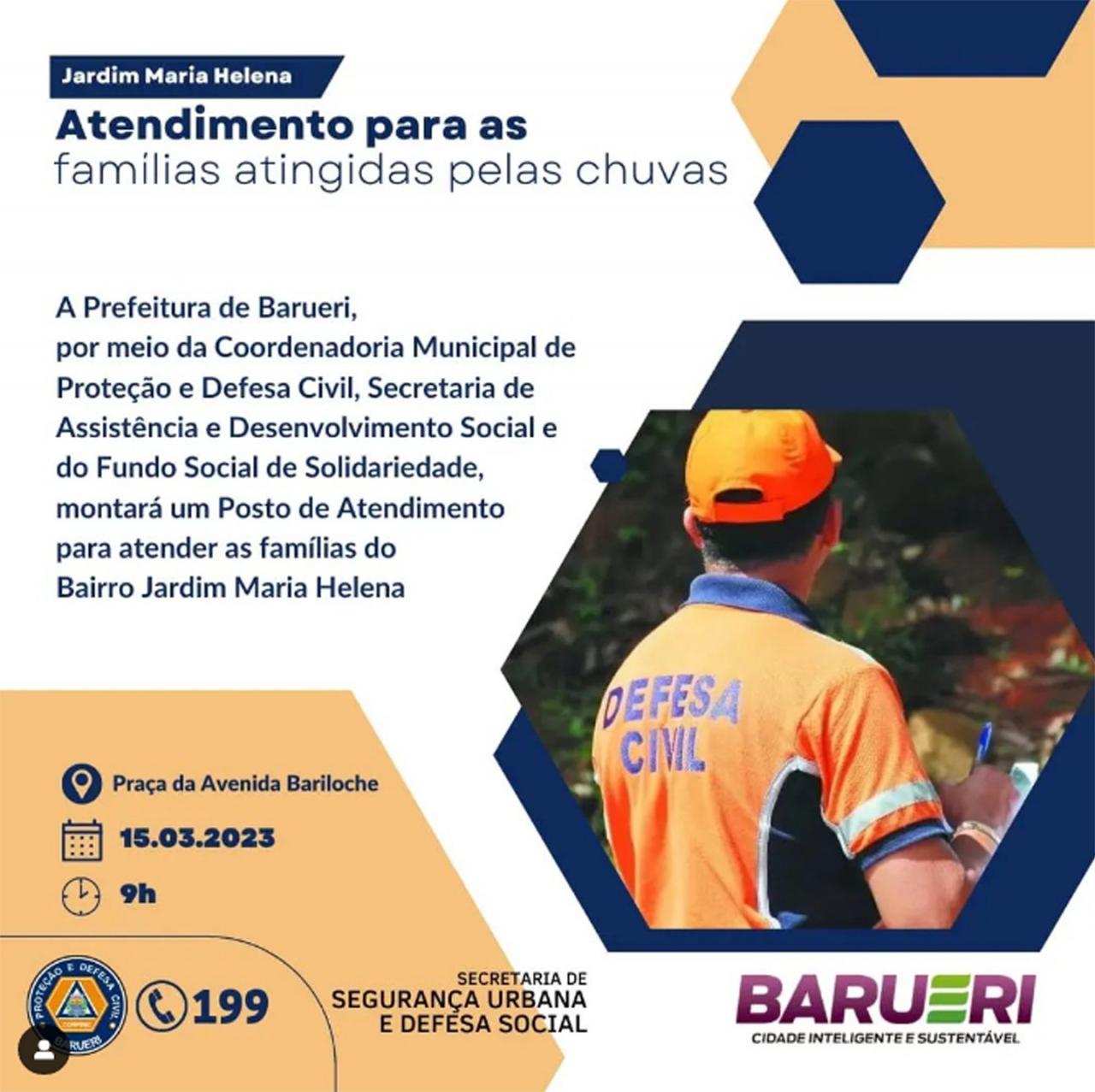 Prefeitura de Barueri monta posto de atendimento para atender às famílias afetadas pelas fortes chuvas no do Bairro Jardim Maria Helena.
