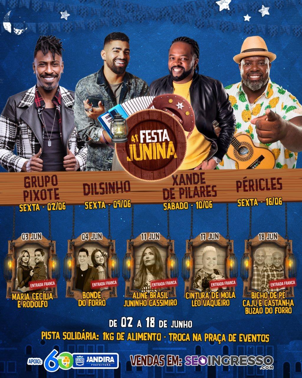41ª Festa Junina de Jandira terá shows de Pixote, Dilsinho, Xande de Pilares, Péricles e muito mais